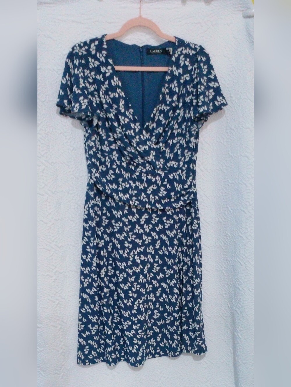 Lauren Ralph Lauren Blue & Cream Floral Stretch Jersey Surplice Dress - Size 10